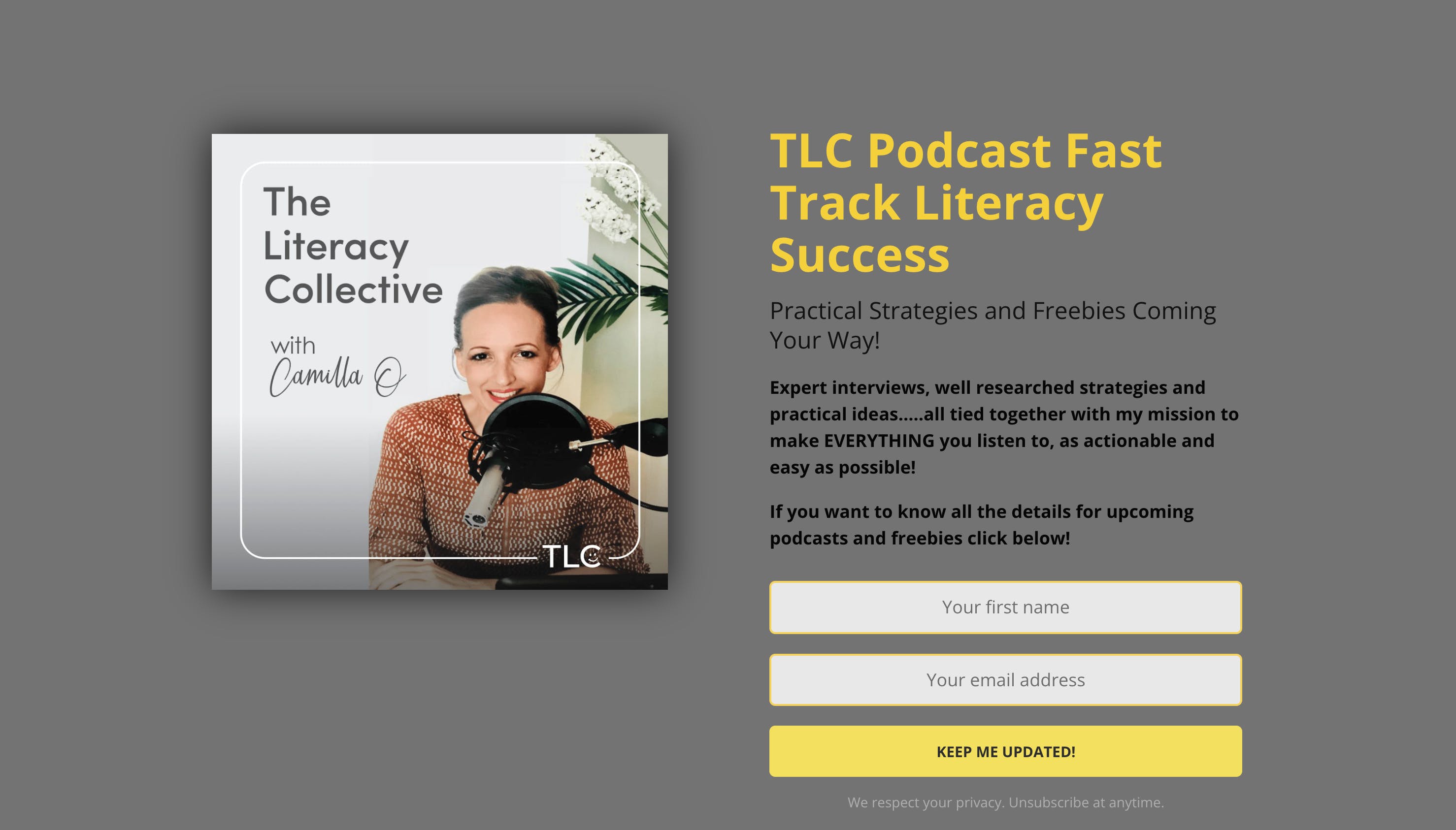 The Literacy Collective landing page with grey background and podcast artwork with the podcast host sitting in front of a mic