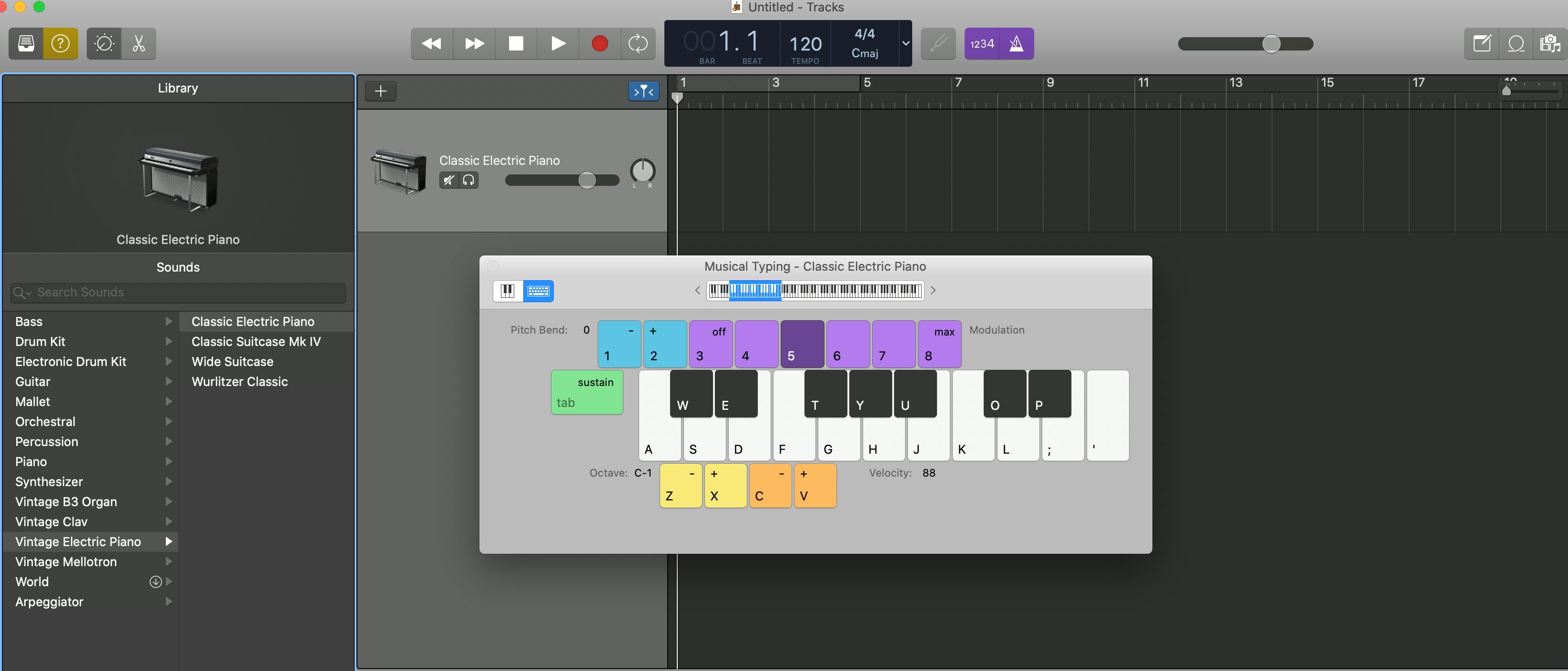 Musical Typing tool in GarageBand