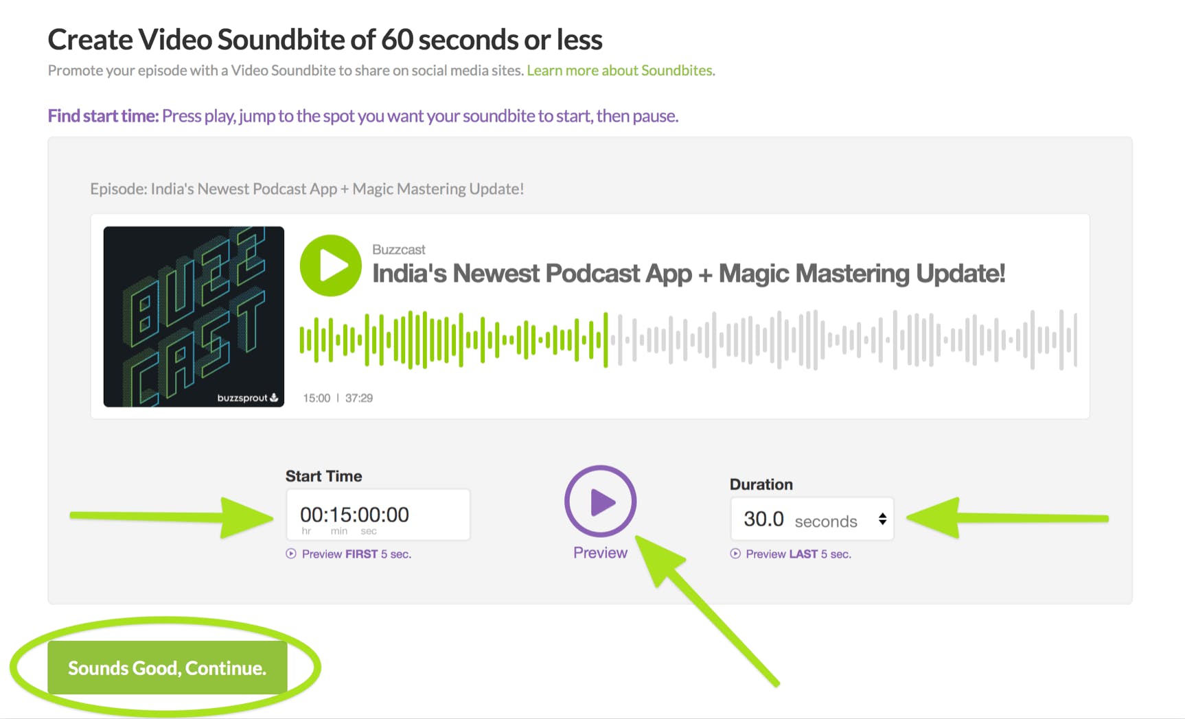 Buzzsprout Visual Soundbite clip creator with green arrows pointing to buttons