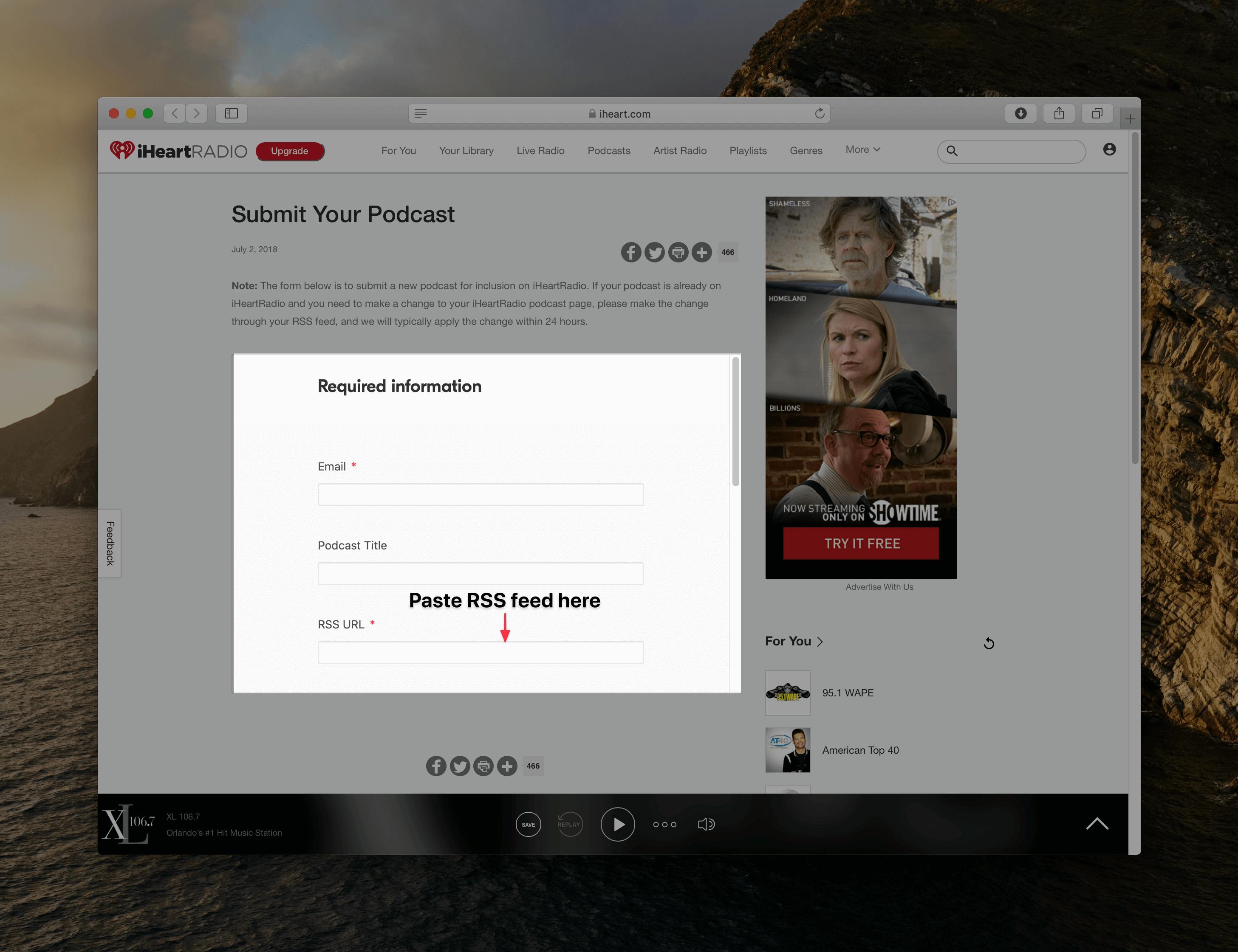 iHeartRadio's podcast submission page with a box highlighting required fields and an arrow pointing to RSS feed box
