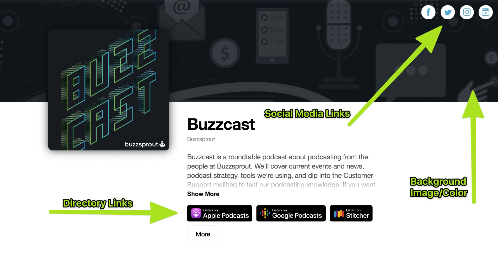 Buzzcast podcast page with green arrows pointing to various features