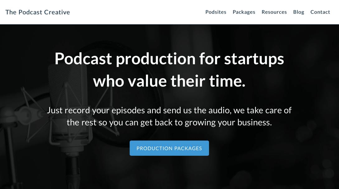 The Podcast Creative homepage with black background and blue button 